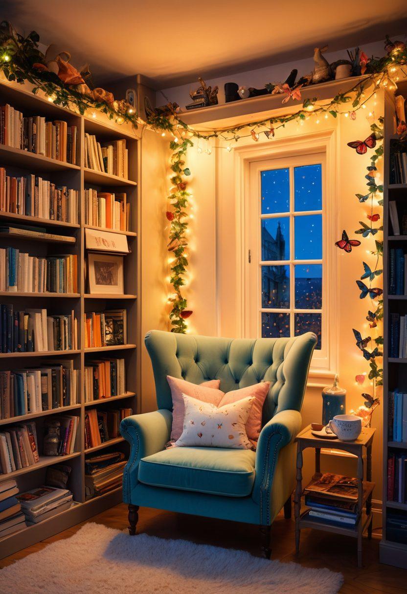 An enchanting reading nook filled with glowing fairy lights, surrounded by towering bookshelves overflowing with beautiful, colorful novels. A steaming cup of tea rests on a cozy armchair, while whimsical, ethereal butterflies flutter around, symbolizing imagination and inspiration. The atmosphere is magical and inviting, perfect for readers seeking new literary adventures. colorful illustrations. fantasy style. warm lighting.