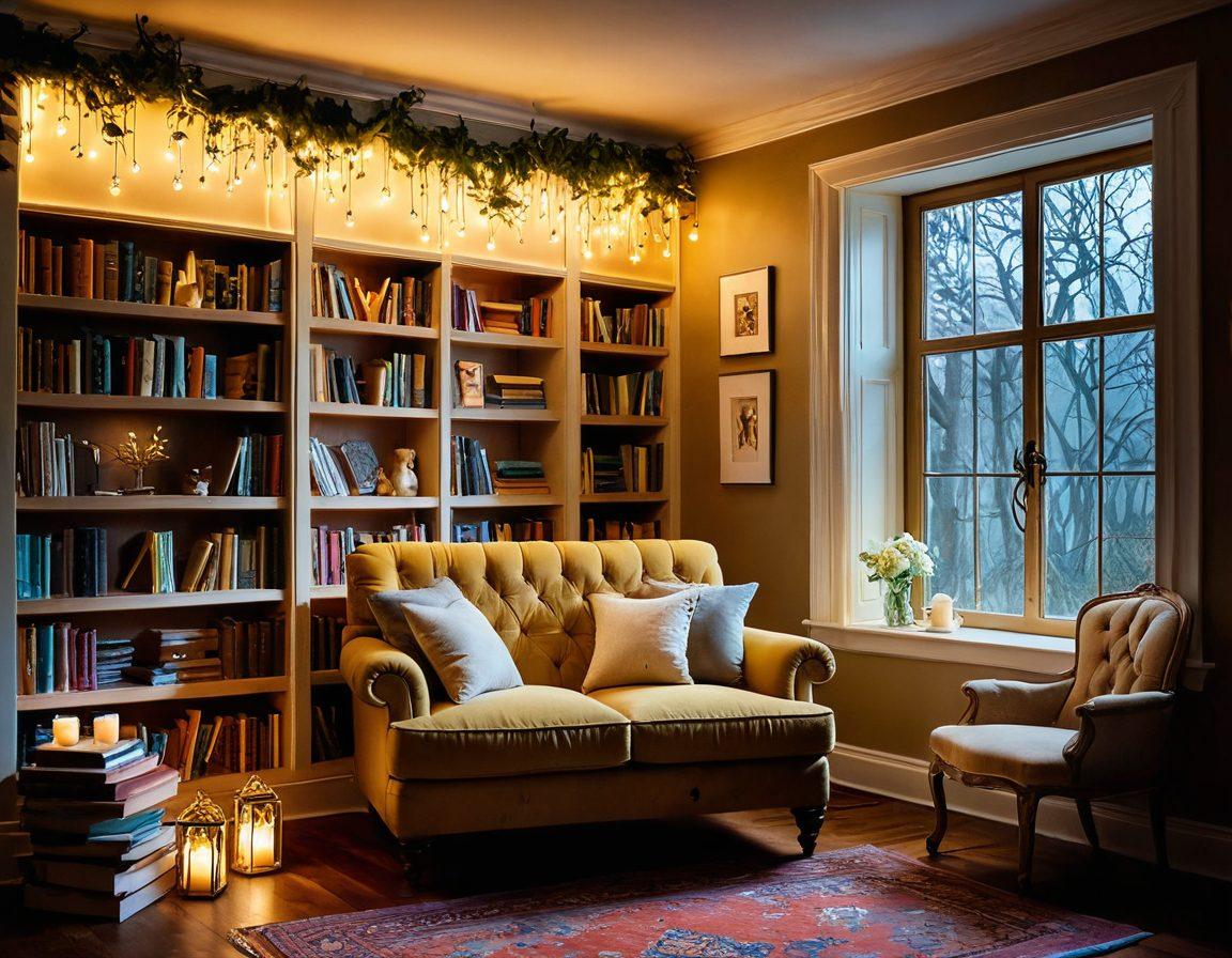 An enchanting library filled with floating books, surrounded by sparkling fairy lights, and an open book at the center with vibrant magical illustrations leaping off the pages. A cozy reading nook in the corner, with an inviting armchair and a steaming cup of tea, all bathed in warm, golden light. whimsical, vivid colors, dreamlike atmosphere.